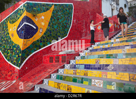 Tourists on Selaron Steps (Escadaria Selaron), Lapa, Rio de Janeiro, Brazil, South America Stock Photo