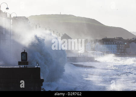 31 January 2013, Aberystwyth, Wales, UK.   Spectacular waves caused by high winds and a high tide lash Aberystwyth promenade. Stock Photo