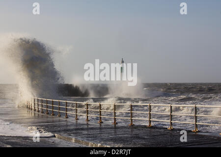 31 January 2013, Aberystwyth, Wales, UK.   Spectacular waves caused by high winds and a high tide lash Aberystwyth promenade. Stock Photo