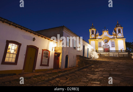 Colonial houses and Matriz de Santo Antonio Church at dusk, Tiradentes, Minas Gerais, Brazil, South America Stock Photo