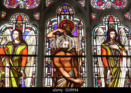 Stained glass window depicting the Baptism of Jesus by John the Baptist, St. Germain l'Auxerrois church, Paris, France, Europe Stock Photo