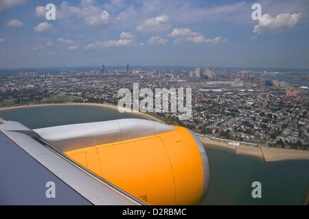 View from Icelandair passenger jet aircraft window over Boston, Massachusetts, New England, USA Stock Photo