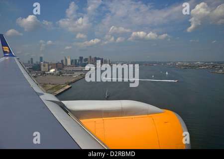 View from Icelandair passenger jet aircraft window over Boston, Massachusetts, New England, USA