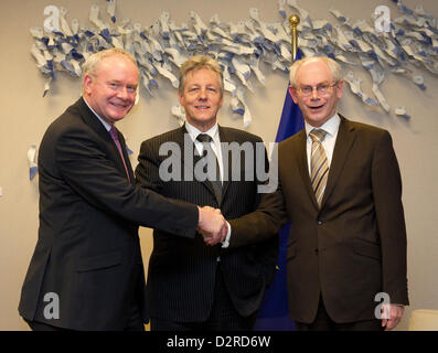 Deputy First Minister Martin McGuinness and First Minister Peter Robinson of the Northern Ireland Executive were greeted by European Council President Herman Van Rompuy Stock Photo