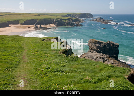 On the south west coast path approaching  Porthcothan Bay, a popular beach in north Cornwall Stock Photo