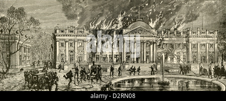 1890 engraving, Burning of the Royal Belgian Palace at Laeken, Near Brussels. Stock Photo