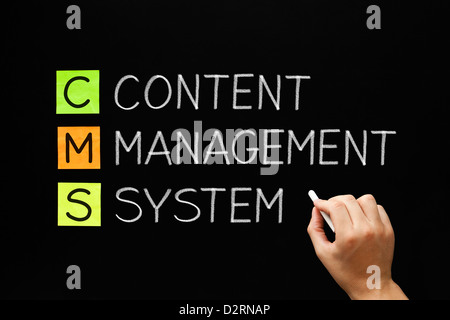 Hand writing Content Management System with white chalk on blackboard. Stock Photo