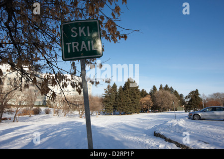 cross country skiing ski trail in kinsmen park Saskatoon Saskatchewan Canada Stock Photo