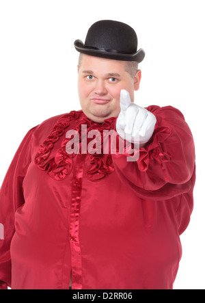 Very fat man in a red entertainer's costume and bowler hat, isolated on ...