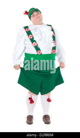 Funny fat man wearing traditional German Bavarian clothes, isolated on white Stock Photo