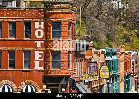 Historic Deadwood city, a national historic landmark, 19th century buildings and signs cityscape, Black Hills, South Dakota Stock Photo