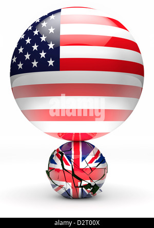 Large American Flag sphere crushing smaller British Union Flag sphere - Concept image - White Background Stock Photo