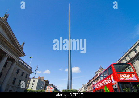 Horizontal streetscape of O'Connell street, the main thoroughfare through Dublin, and the Spire of Dublin on a sunny day. Stock Photo
