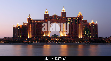 Atlantis Hotel illuminated at night. Palm Jumeirah, Dubai United Arab Emirates. Stock Photo