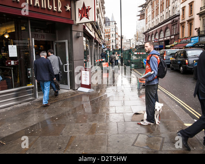 a man selling Big Issue papers in rain with his dog on a London's street in front of a restaurant Stock Photo