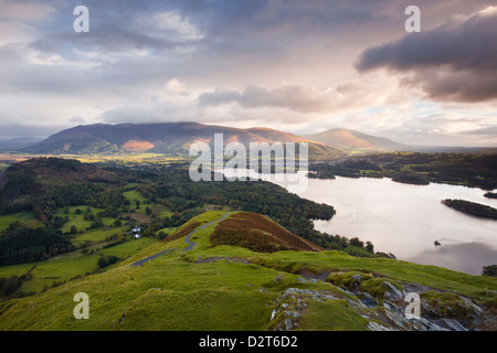 The rising sun lights up the fells of Skiddaw and Blencartha, Lake District National Park, Cumbria, England, UK Stock Photo