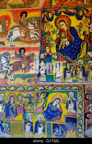 Murals in the interior of the Christian Monastery and church of Azuwa Maryam, Zege Peninsula, Lake Tana, Bahir Dar, Ethiopia Stock Photo