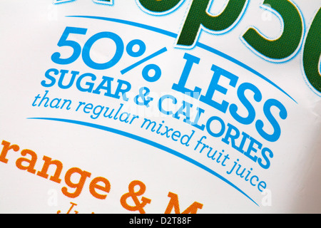 50% less sugar & calories than regular mixed fruit juice - information on label of Tropicana Trop50 Orange & Mango Juice drink Stock Photo