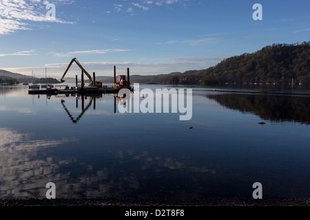 A floating offshore construction platform carrying flood prevention measures for United Utilities Stock Photo