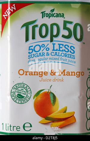 Tropicana Trop50 Orange & Mango Juice drink label on bottle of drink Stock Photo