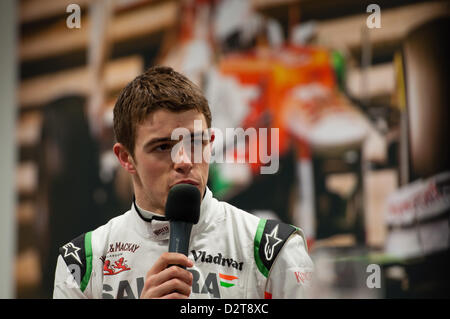 Silverstone, UK. 1st February 2013.  Paul di Resta (GBR) is interviewed at the launch of Force India's new 2013 F1 car, the VJM06.  Credit:  Elaine Scott / Alamy Live News Stock Photo