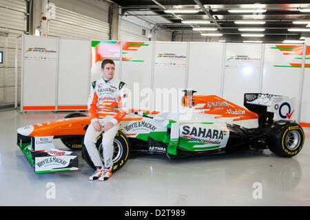 Silverstone, UK. 1st February 2013.  Driver Paul di Resta (GBR) sits on Force India's new 2013 F1 car, the VJM06.  Credit:  Elaine Scott / Alamy Live News Stock Photo