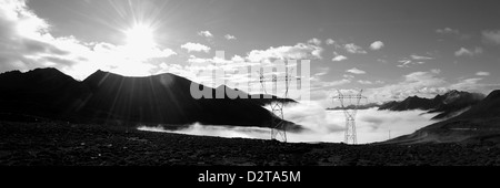 Black and white panoramic view of high mountainous landscape with dramatic sunlight, Sichuan Province, China. Stock Photo