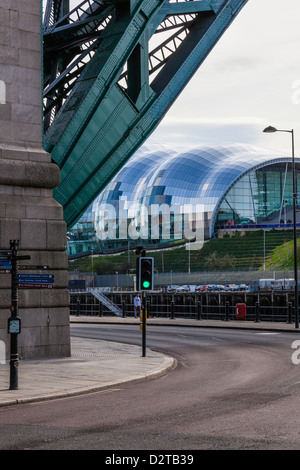 The Sage viewed from Quayside, through the arches of the Tyne Bridge Stock Photo