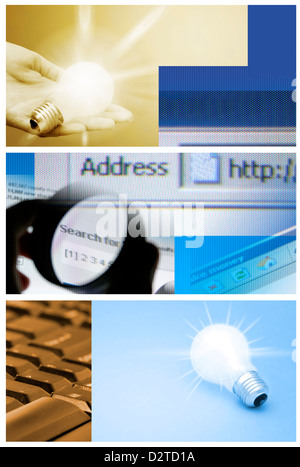 Technology collage: light bulb, keyboard,  and internet page. Stock Photo
