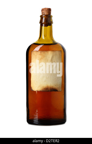 Tagged bottle with transparent liquid isolated over white background