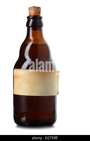 Tagged bottle with transparent liquid isolated over white background