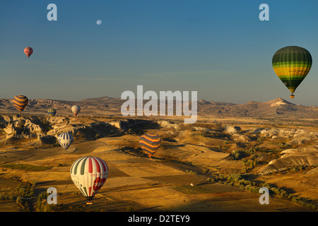 Farmland north of Love Valley Cappadocia Goreme National Park Nevsehir Turkey in the morning with hot air balloons and moon Stock Photo