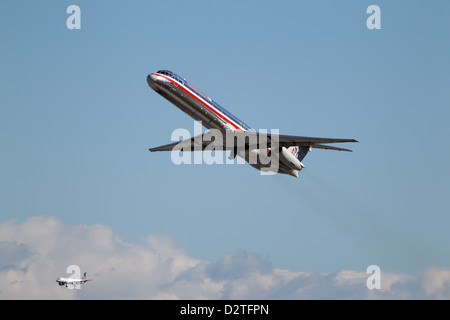 An American Airlines McDonnell Douglas MD-82 takes off from Los Angeles Airport on January 28, 2013. Stock Photo