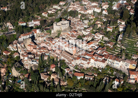 AERIAL VIEW. Perched medieval village crowned with a castle. Roquebrune-Cap-Martin, French Riviera, Alpes-Maritimes, France. Stock Photo