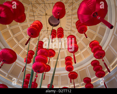 Red Chinese New Year lanterns hanging from a dome in the Bellagio Hotel in Las Vegas, Nevada Stock Photo