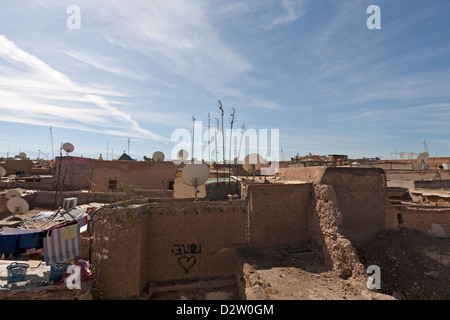 View over the rooftops in Marrakech, Morocco showing aerials and satellite dishes. Stock Photo