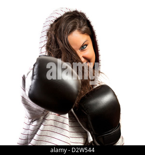 Portrait of a woman with boxing, isolated on white background Stock Photo