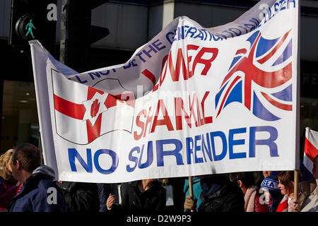 Belfast, Northern Ireland, UK. shankill road protest banner at ongoing protests against Belfast City Council's decision to only fly the Union Flag on designated days. Belfast City Centre, 2nd February 2013.