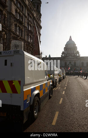 Belfast, Northern Ireland, UK. Heavy police presence at ongoing protests against Belfast City Council's decision to only fly the Union Flag on designated days. Belfast City Centre, 2nd February 2013. Stock Photo