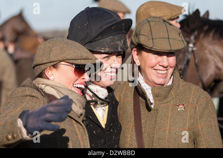 Ingarsby, Leicestershire, UK. Saturday 2nd Feb 2013. A competitor celebrates after the inaugural running of the Bernard Weatherill Sidesaddle Chase, the first race for sidesaddle riders since 1921. Stock Photo