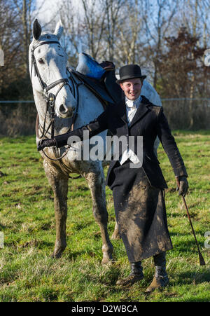 Ingarsby, Leicestershire, UK. Saturday 2nd Feb 2013. Jessica Cherriman, a faller, at the inaugural running of the Bernard Weatherill Sidesaddle Chase, the first race for sidesaddle riders since 1921. Stock Photo