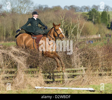 Ingarsby, Leicestershire, UK. Saturday 2nd Feb 2013. Jumping action during the inaugural running of the Bernard Weatherill Sidesaddle Chase, the first race for sidesaddle riders since 1921. Stock Photo