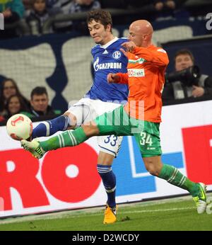 Schalke's Roman Neustaedter (L) vies for the ball with Fuerth's Jozsef Varga during the Bundesliga soccer match between FC Schalke 04 and SpVgg Greuther Fuerth at VeltinsArena in Gelsenkirchen, Germany, 02 February 2013. Photo: FRISO GENTSCH (ATTENTION: EMBARGO CONDITIONS! The DFL permits the further utilisation of up to 15 pictures only (no sequntial pictures or video-similar series of pictures allowed) via the internet and online media during the match (including halftime), taken from inside the stadium and/or prior to the start of the match. The DFL permits the unrestricted transmission of  Stock Photo