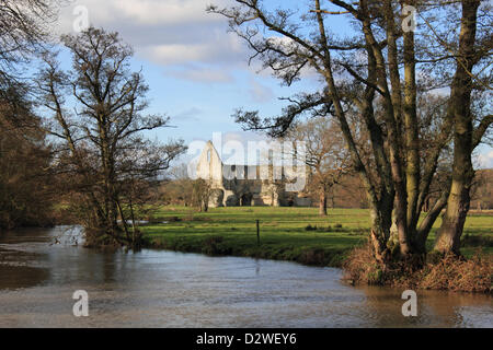 2nd February 2013. Pyrford, Surrey, England, UK. Sun shines on the ruins of Newark Priory. Founded in the 12th Century on the banks of the River Wey and destroyed by King Henry VIII during the dissolution of the monasteries 1538. Stock Photo