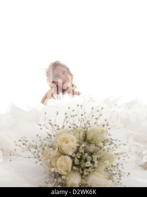 Happy beautiful bride white background Stock Photo