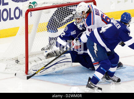 Feb. 2, 2013 - Tampa, Florida, U.S. - DIRK SHADD   |   Times  .Tampa Bay Lightning goalie Mathieu Garon (32) and center Vincent Lecavalier (4) are unable to prevent the goal as New York Rangers left wing Rick Nash (61) scores during third period action at the Tampa Bay Times Forum in Tampa Saturday evening 02/02/13. (Credit Image: © Dirk Shadd/Tampa Bay Times/ZUMAPRESS.com) Stock Photo