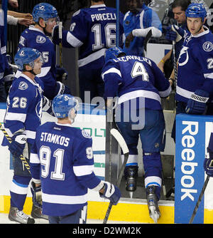 Feb. 2, 2013 - Tampa, Florida, U.S. - DIRK SHADD   |   Times  .Tampa Bay Lightning center Vincent Lecavalier (4) is slow to leave the ice while making it to the bench as he appears to have been injured in the final seconds as the New York Rangers defeat the Lightning at the Tampa Bay Times Forum in Tampa Saturday evening 02/02/13. (Credit Image: © Dirk Shadd/Tampa Bay Times/ZUMAPRESS.com) Stock Photo