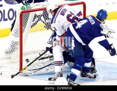 Feb. 2, 2013 - Tampa, Florida, U.S. - DIRK SHADD   |   Times  .Tampa Bay Lightning goalie Mathieu Garon (32) and center Vincent Lecavalier (4) are unable to prevent the goal as New York Rangers left wing Rick Nash (61) scores during third period action at the Tampa Bay Times Forum in Tampa Saturday evening 02/02/13. (Credit Image: © Dirk Shadd/Tampa Bay Times/ZUMAPRESS.com) Stock Photo