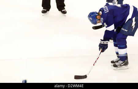 Feb. 2, 2013 - Tampa, Florida, U.S. - DIRK SHADD   |   Times  .Tampa Bay Lightning center Vincent Lecavalier (4) is slow getting up as he appears to have been injured in the final seconds as the New York Rangers defeat the Lightning at the Tampa Bay Times Forum in Tampa Saturday evening 02/02/13. (Credit Image: © Dirk Shadd/Tampa Bay Times/ZUMAPRESS.com) Stock Photo