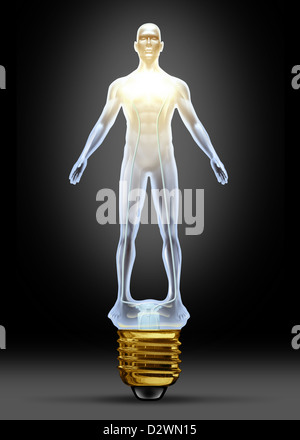 Health ideas and human creative power as a glass lightbulb in the shape of a body as concept of intelligence and creative health solutions in research for disease and illness in the medical field. Stock Photo